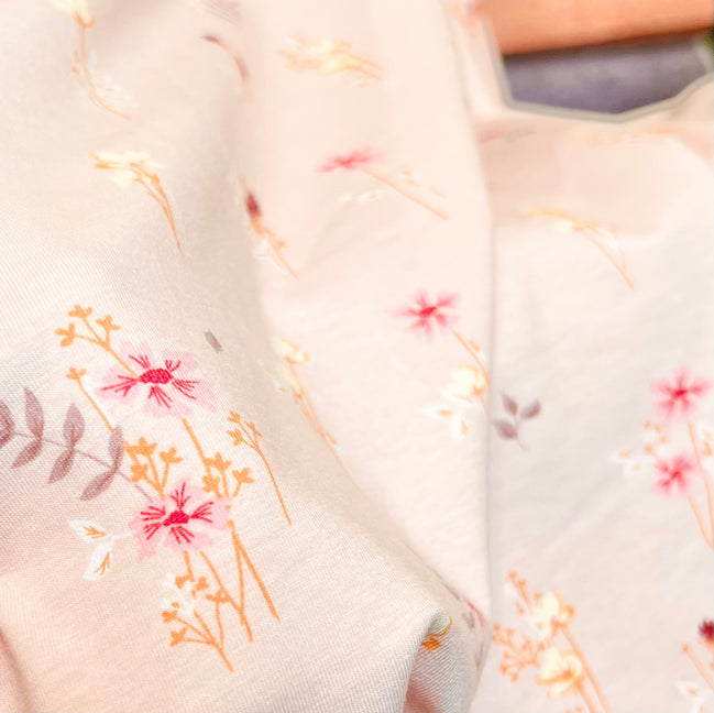 Fuchsia, Cream, Smokey Purple and Pale Pink Floral Jersey Knit Cotton Fabric- "Covent Garden Seven”- Lightweight