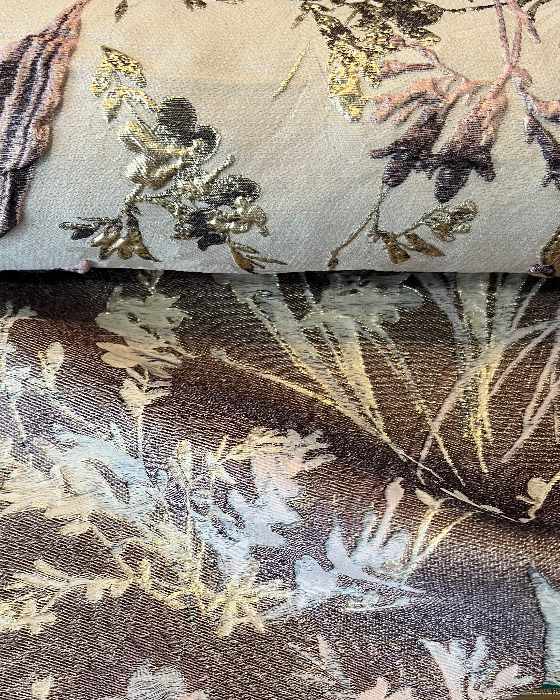 Deep Purple, Pink, Gold Floral on Greige/ Taupe Silk Jacquard/ Cloque Brocade (1731)