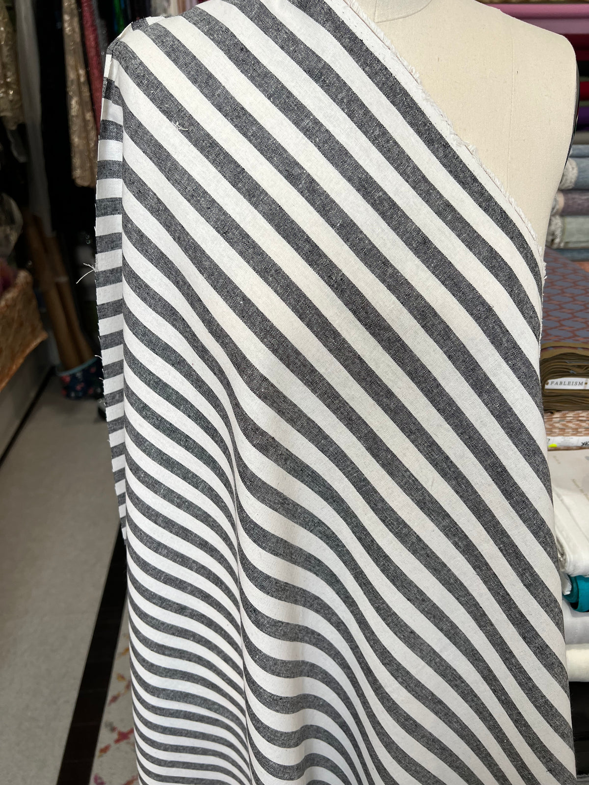 Essex Yarn Dyed Classic Wovens- Linen- Cotton Blend- Black- WIDE Stripes- 43” Wide