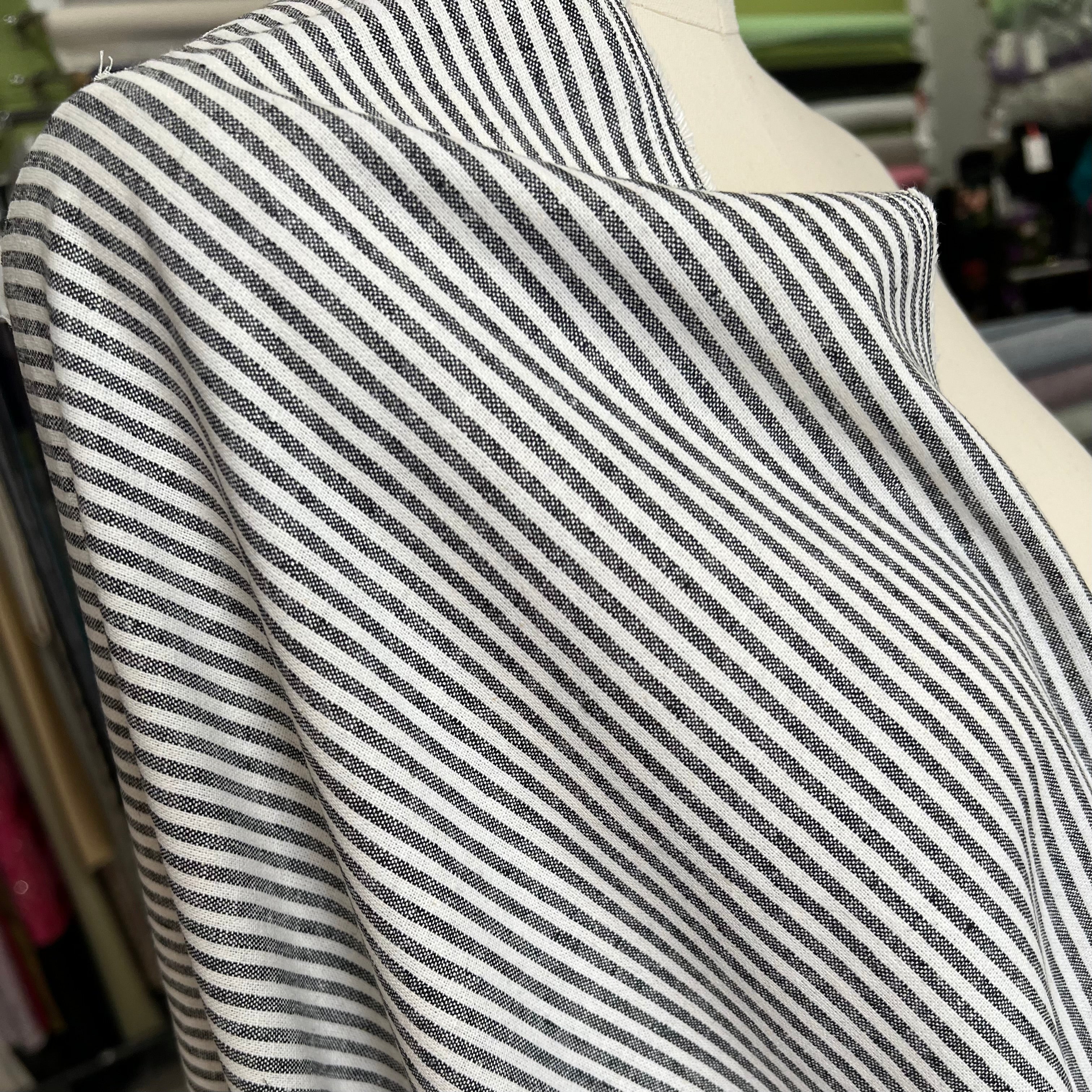 Essex Yarn Dyed Classic Wovens- Linen- Cotton Blend- Black- Narrow Stripes