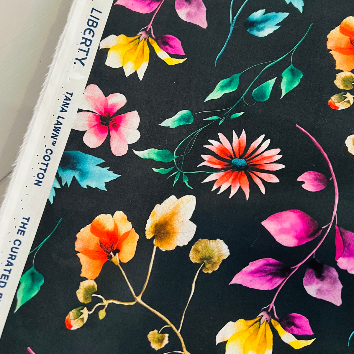 Liberty London- Herbarium (A) Tana Lawn Cotton- Magenta, Pink, Yellow Floral on Black Background