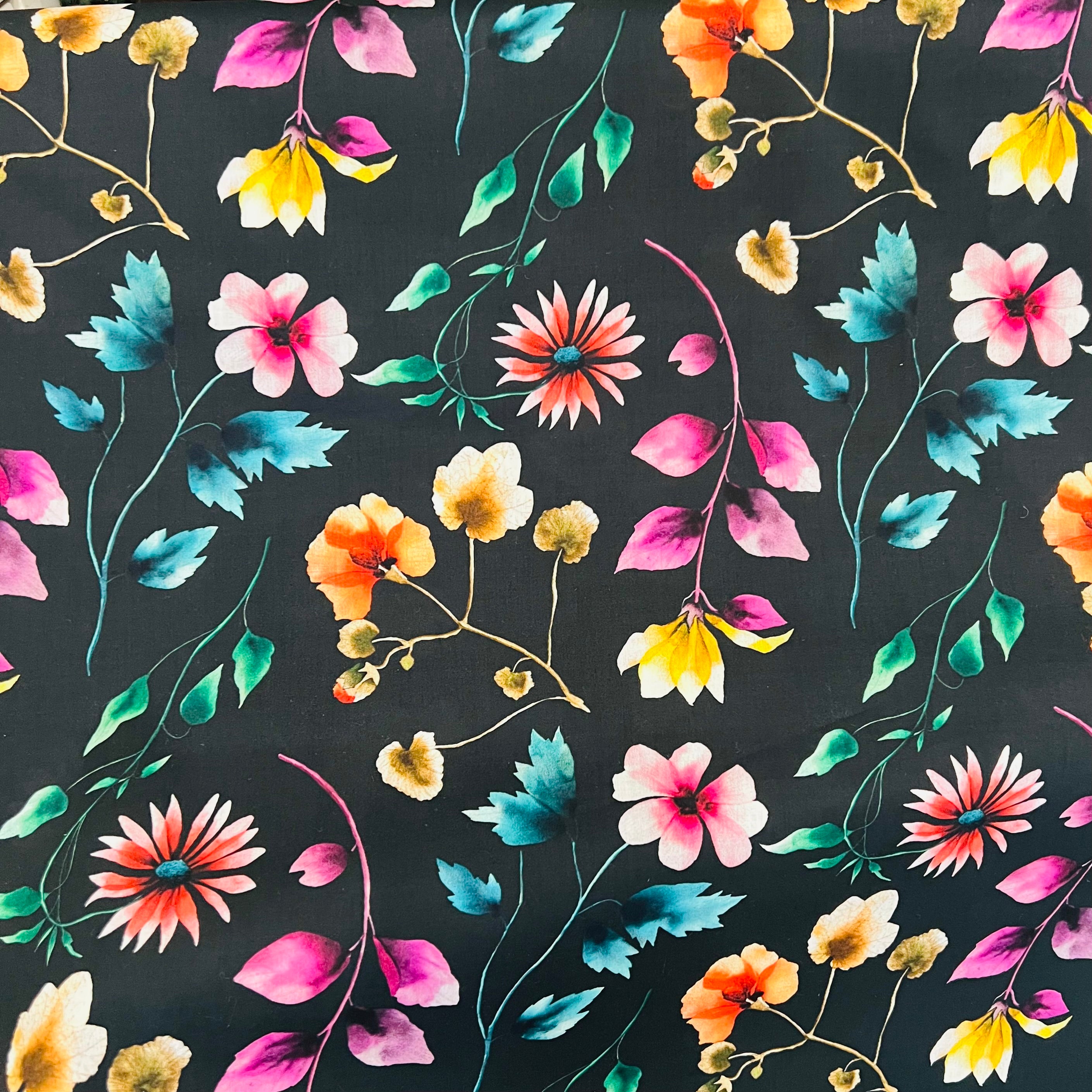 Liberty London- Herbarium (A) Tana Lawn Cotton- Magenta, Pink, Yellow Floral on Black Background