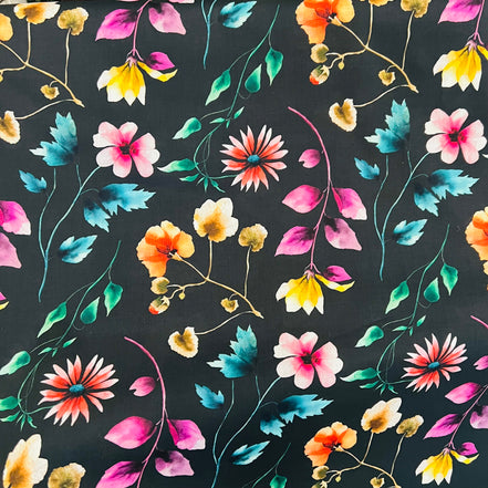 Liberty London- Herbarium (A) Tana Lawn Cotton- Magenta, Pink, Yellow Floral on Black Background