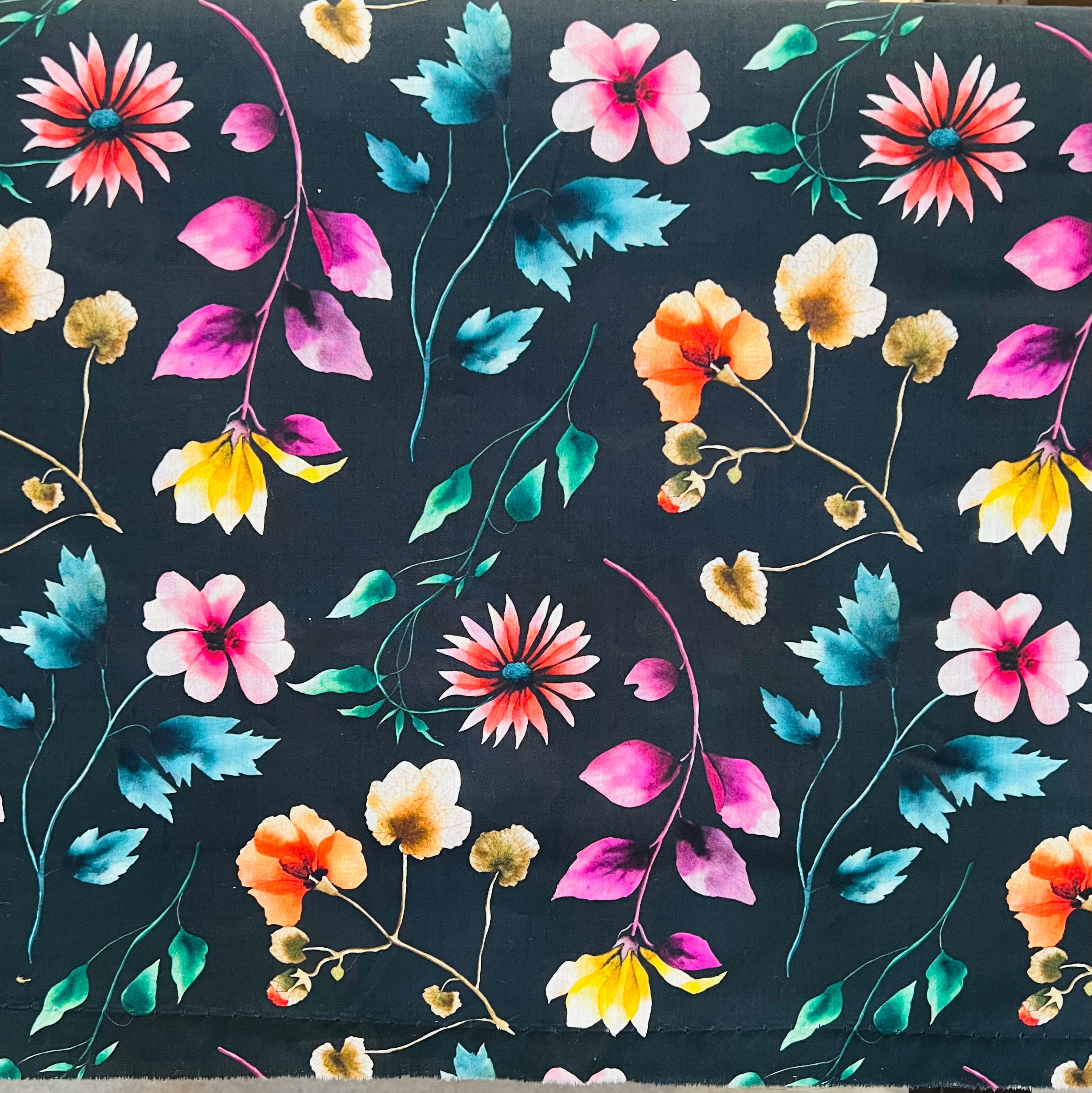 Liberty London- Herbarium (A) Tana Lawn Cotton- Magenta, Pink, Yellow Floral on Black Background