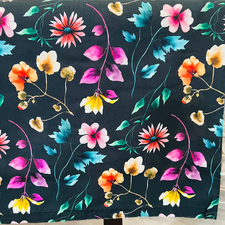 Liberty London- Herbarium (A) Tana Lawn Cotton- Magenta, Pink, Yellow Floral on Black Background