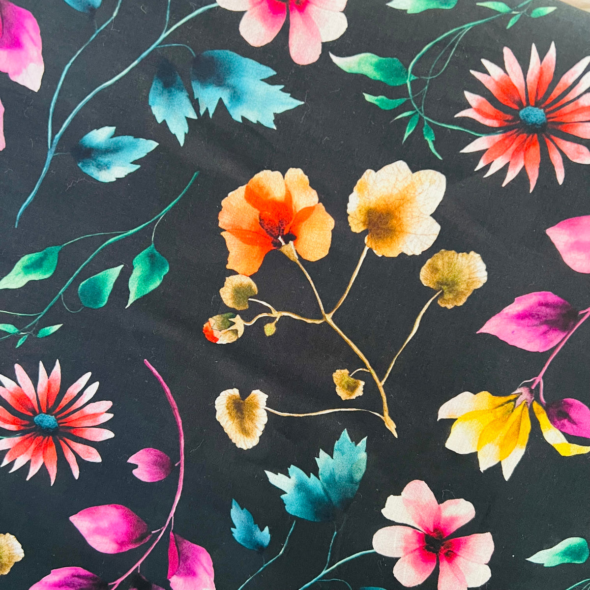 Liberty London- Herbarium (A) Tana Lawn Cotton- Magenta, Pink, Yellow Floral on Black Background