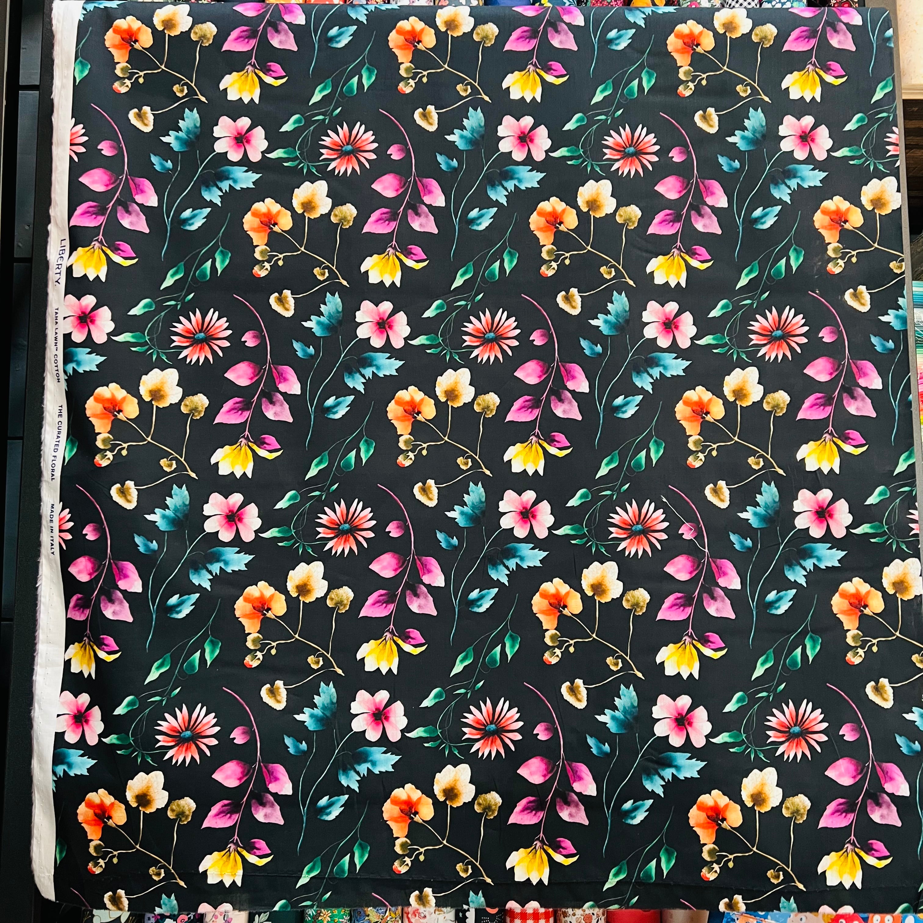 Liberty London- Herbarium (A) Tana Lawn Cotton- Magenta, Pink, Yellow Floral on Black Background