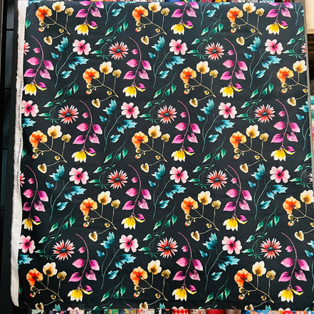 Liberty London- Herbarium (A) Tana Lawn Cotton- Magenta, Pink, Yellow Floral on Black Background