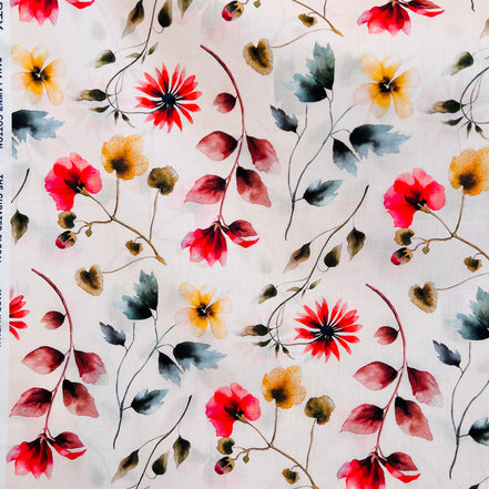 Liberty London- Herbarium (C) Tana Lawn Cotton- Red, Brown, Yellow Floral on Pale Pink Background