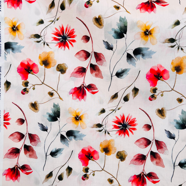 Liberty London- Herbarium (C) Tana Lawn Cotton- Red, Brown, Yellow Floral on Pale Pink Background