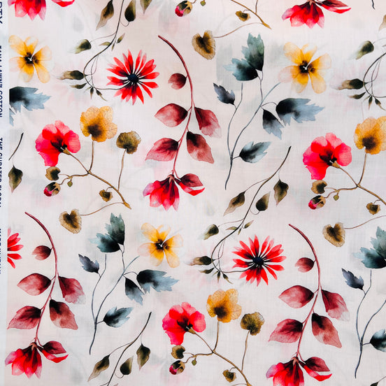 Liberty London- Herbarium (C) Tana Lawn Cotton- Red, Brown, Yellow Floral on Pale Pink Background