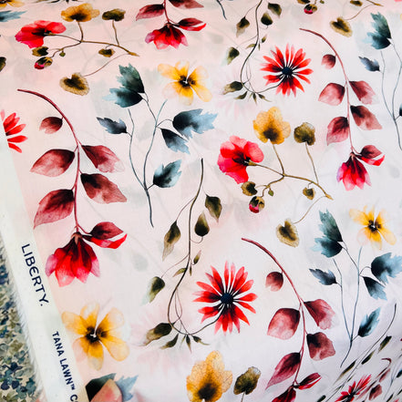 Liberty London- Herbarium (C) Tana Lawn Cotton- Red, Brown, Yellow Floral on Pale Pink Background