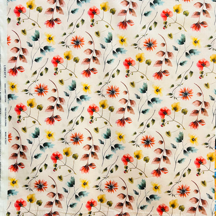 Liberty London- Herbarium (C) Tana Lawn Cotton- Red, Brown, Yellow Floral on Pale Pink Background