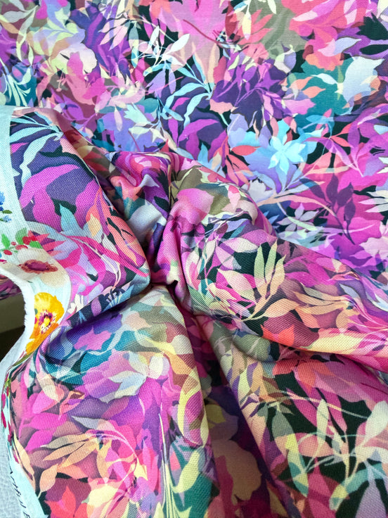 Purple, Blue, Pink Botanical Cotton Fabric- 44” Wide- “DAHLIA"- Artful Blooms