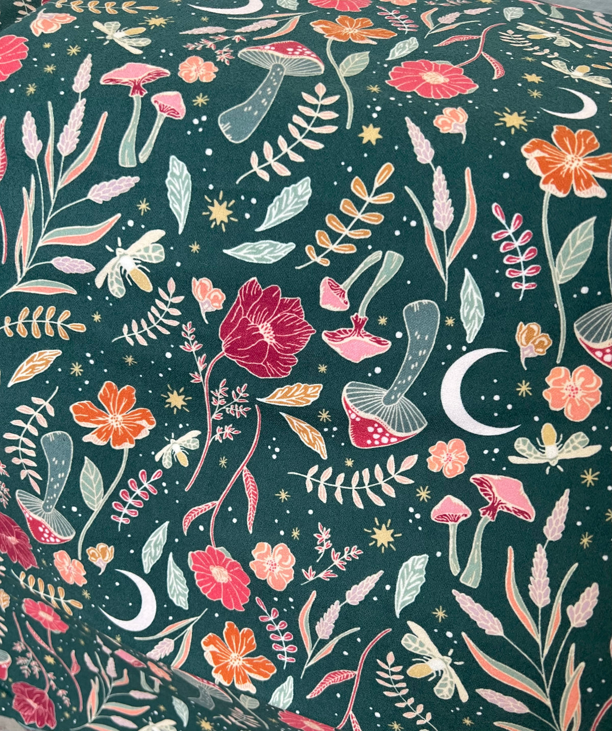 Shades of Pink, Red, Ochre on Forest Green Cotton Flannel- 