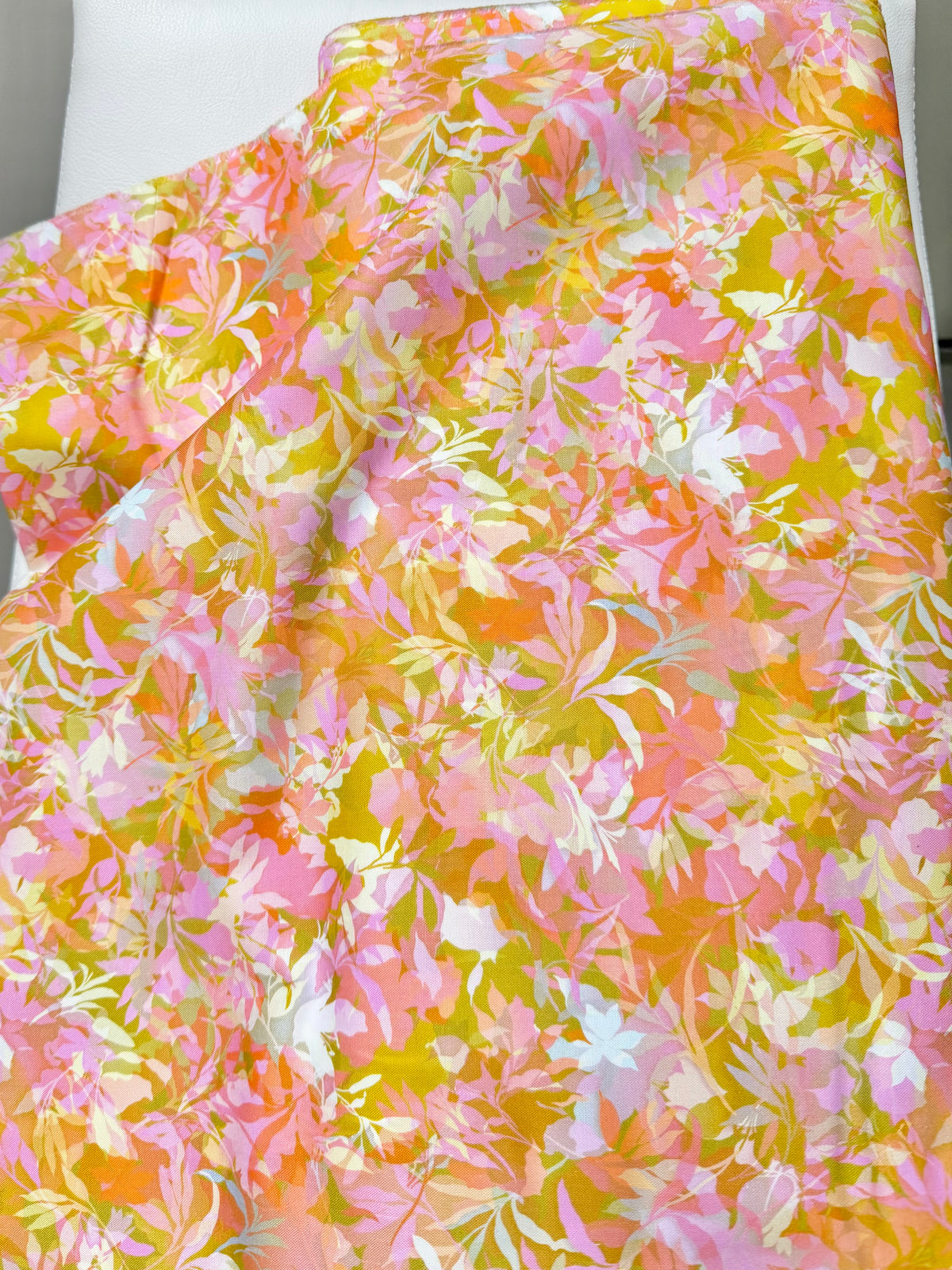Yellow, Chartreuse, Pink Botanical Cotton Fabric- 44” Wide- “Honeysuckle