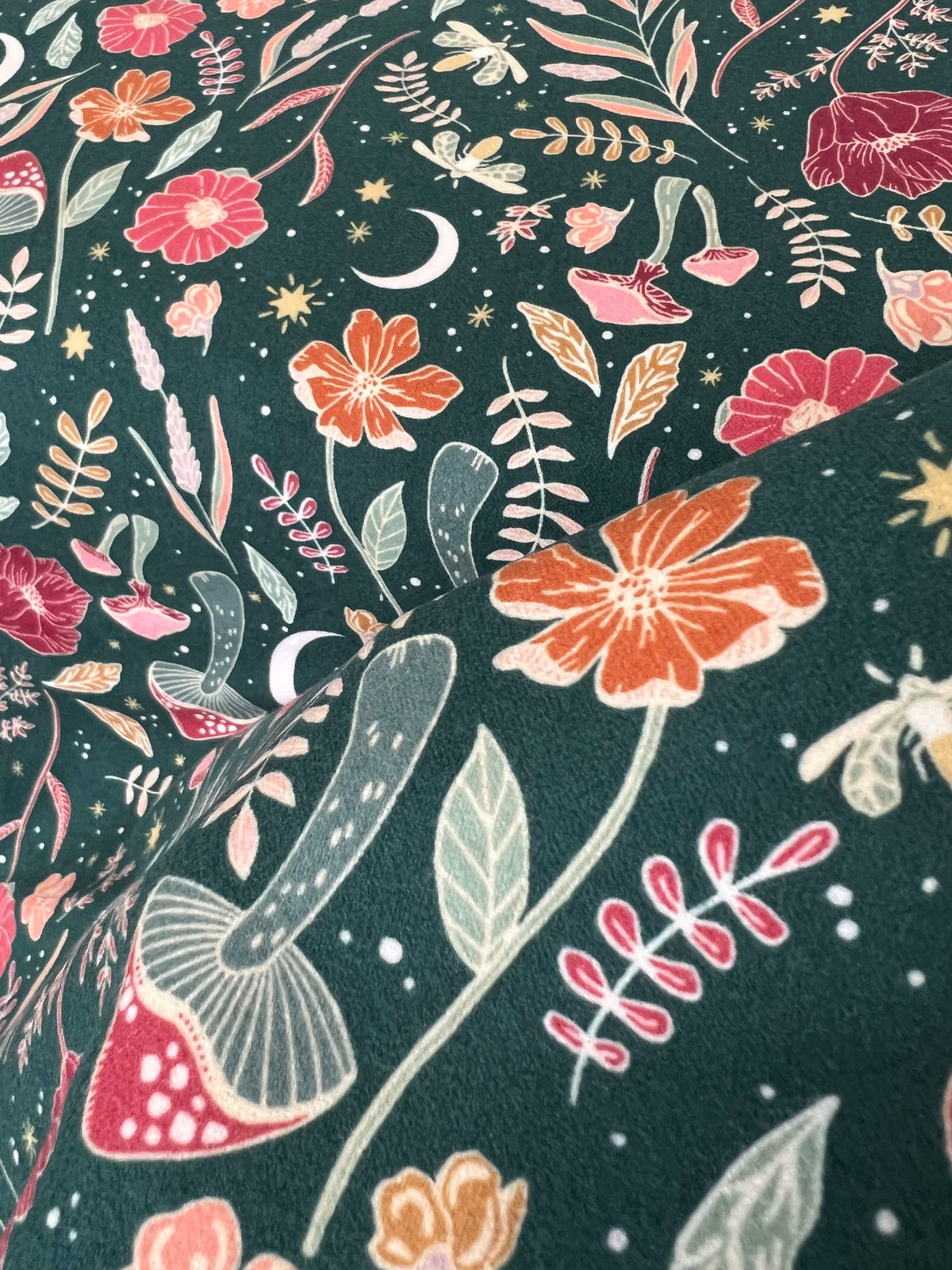 Shades of Pink, Red, Ochre on Forest Green Cotton Flannel- 