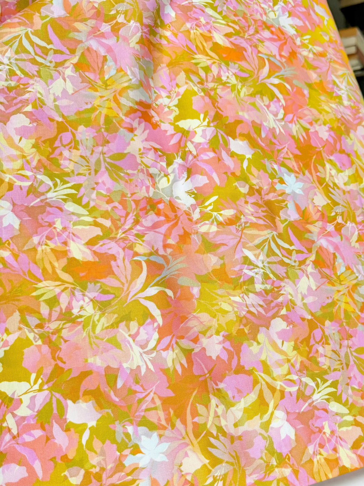 Yellow, Chartreuse, Pink Botanical Cotton Fabric- 44” Wide- “Honeysuckle