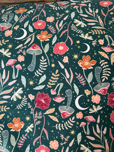 Shades of Pink, Red, Ochre on Forest Green Cotton Flannel- "Wildwood Nightfall"- 44"
