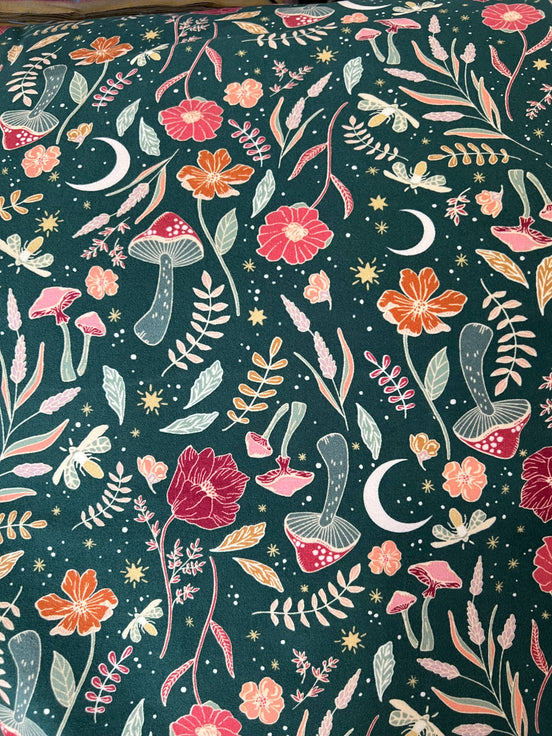 Shades of Pink, Red, Ochre on Forest Green Cotton Flannel- "Wildwood Nightfall"- 44"