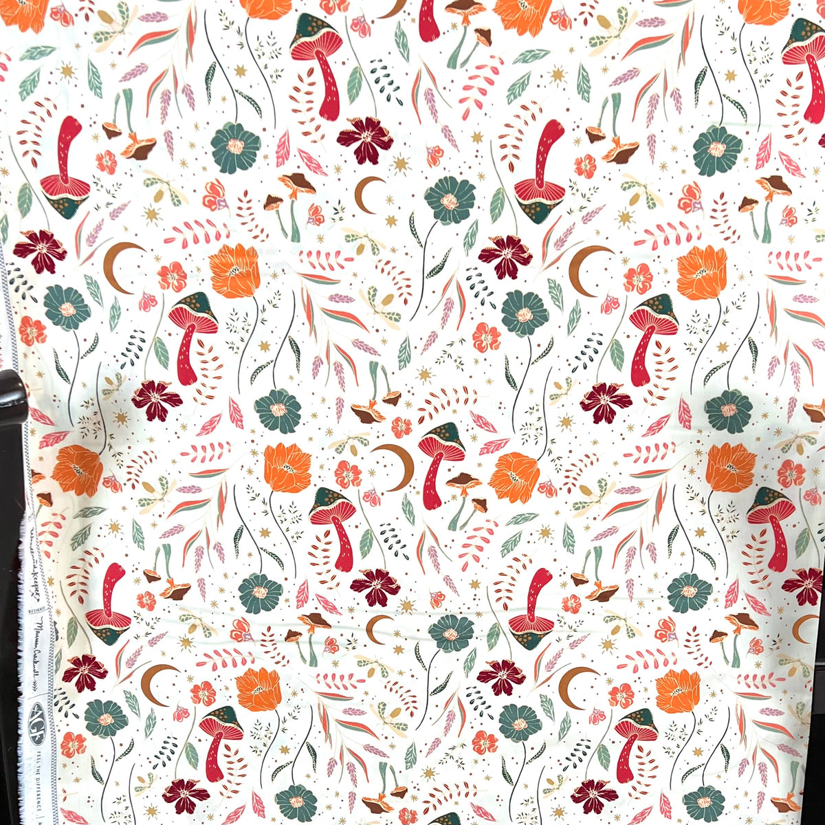 Red, Ochre, Green, Magenta on Cream Floral, Mushrooms Cotton Fabric- 