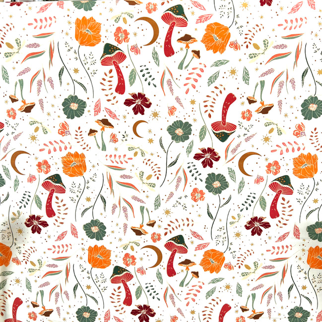 Red, Ochre, Green, Magenta on Cream Floral, Mushrooms Cotton Fabric- "Wildwood Daybreak"- 44"