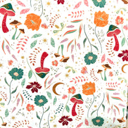 Red, Ochre, Green, Magenta on Cream Floral, Mushrooms Cotton Fabric- 
