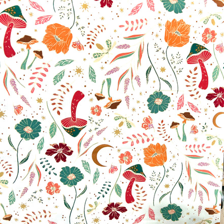 Red, Ochre, Green, Magenta on Cream Floral, Mushrooms Cotton Fabric- "Wildwood Daybreak"- 44"