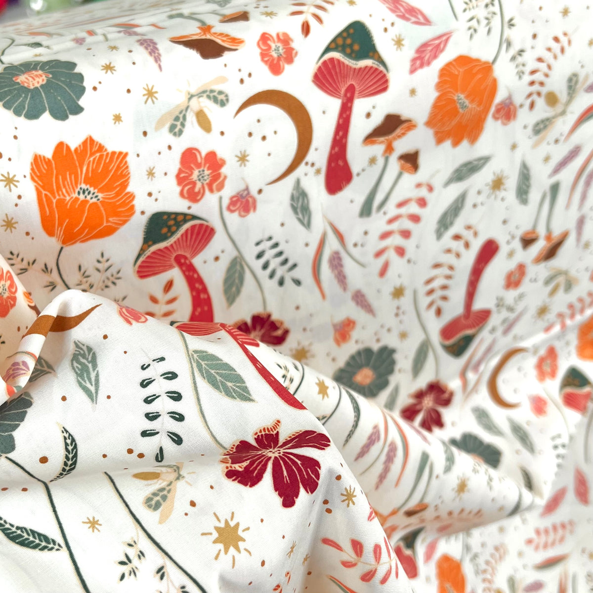 Red, Ochre, Green, Magenta on Cream Floral, Mushrooms Cotton Fabric- 