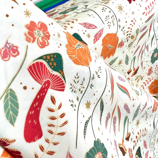 Red, Ochre, Green, Magenta on Cream Floral, Mushrooms Cotton Fabric- "Wildwood Daybreak"- 44"