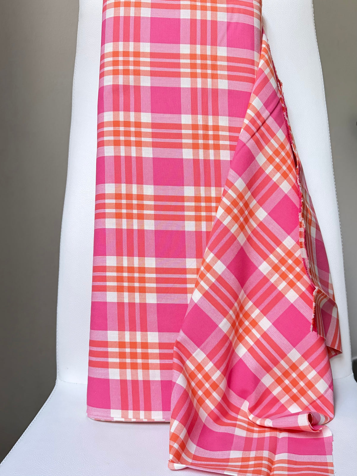 Hot Pink, Orange, White Plaid Woven- Cotton Fabric- 44” Wide- Camellia from Kona Loomworks-Summer Breeze