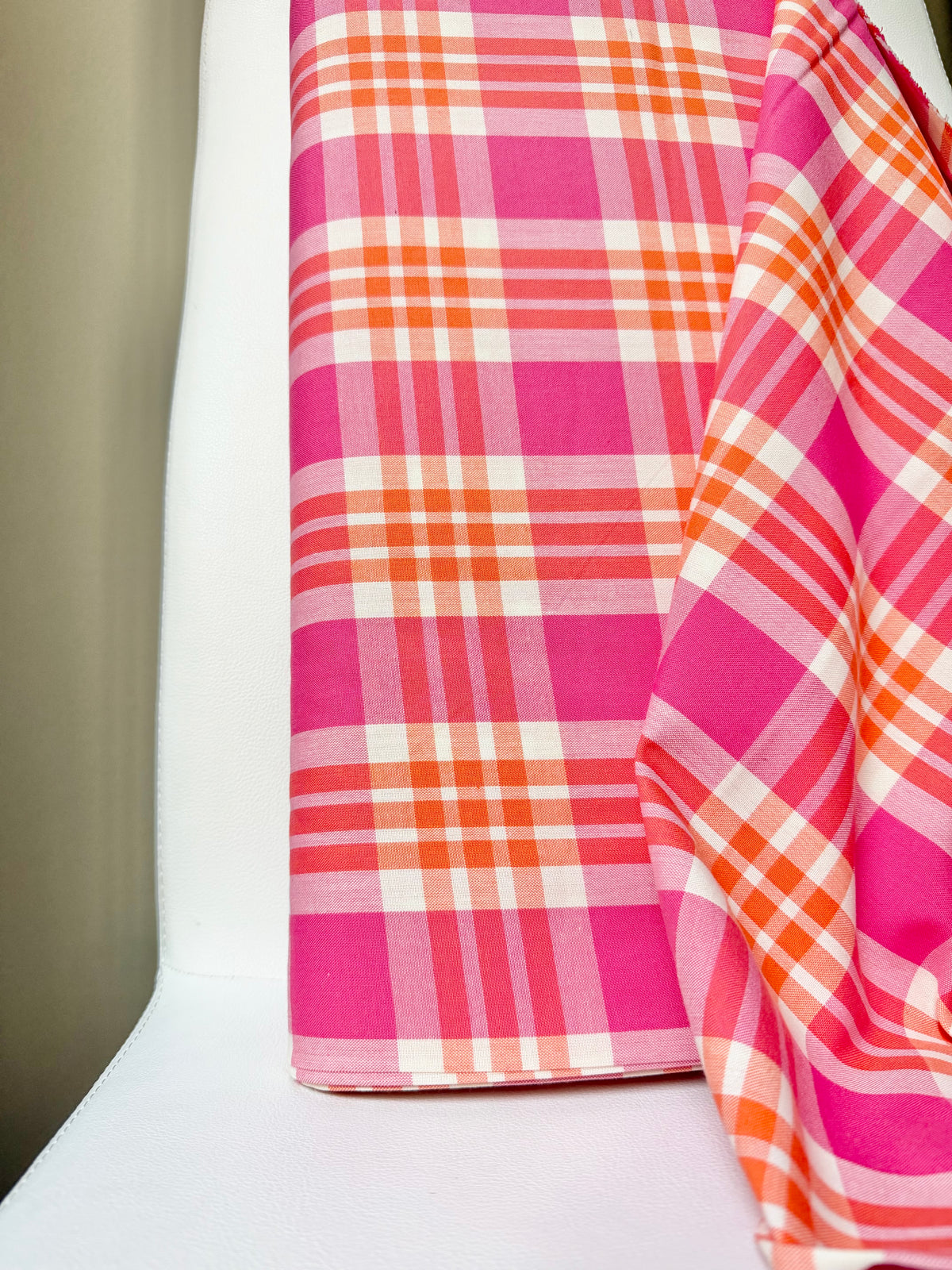 Hot Pink, Orange, White Plaid Woven- Cotton Fabric- 44” Wide- Camellia from Kona Loomworks-Summer Breeze