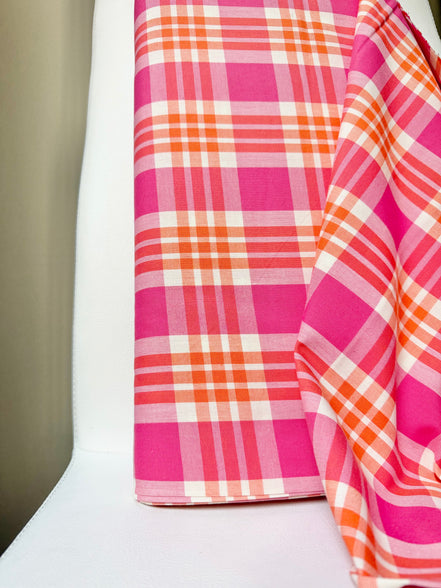 Hot Pink, Orange, White Plaid Woven- Cotton Fabric- 44” Wide- Camellia from Kona Loomworks-Summer Breeze