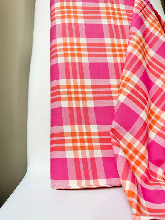 Hot Pink, Orange, White Plaid Woven- Cotton Fabric- 44” Wide- Camellia from Kona Loomworks-Summer Breeze