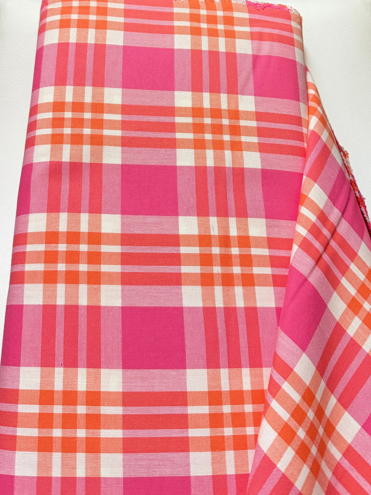 Hot Pink, Orange, White Plaid Woven- Cotton Fabric- 44” Wide- Camellia from Kona Loomworks-Summer Breeze