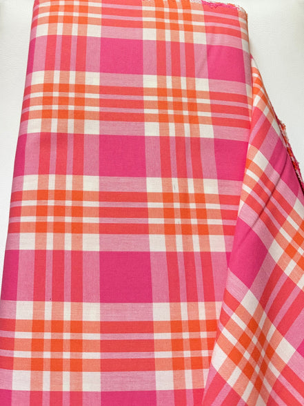 Hot Pink, Orange, White Plaid Woven- Cotton Fabric- 44” Wide- Camellia from Kona Loomworks-Summer Breeze