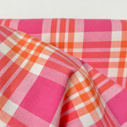 Hot Pink, Orange, White Plaid Woven- Cotton Fabric- 44” Wide- Camellia from Kona Loomworks-Summer Breeze