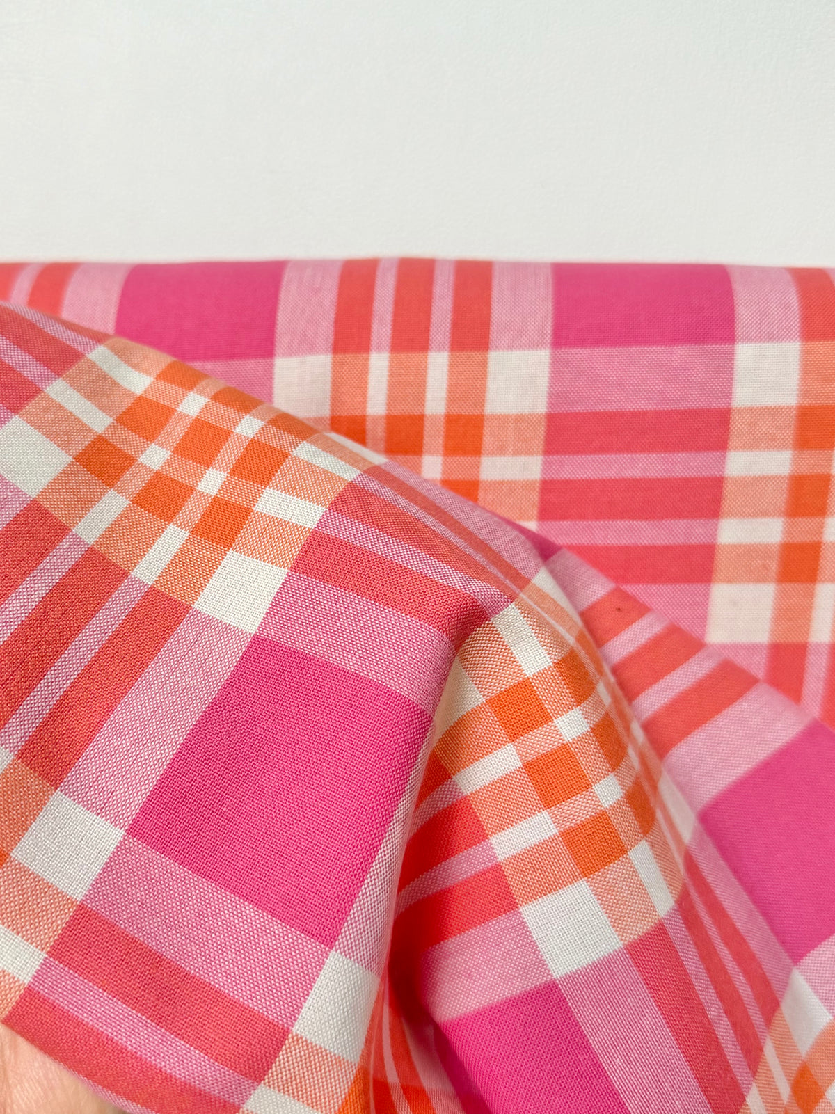 Hot Pink, Orange, White Plaid Woven- Cotton Fabric- 44” Wide- Camellia from Kona Loomworks-Summer Breeze