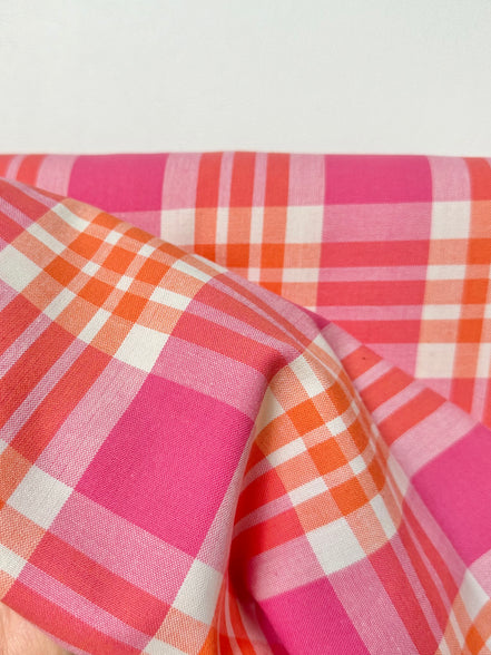 Hot Pink, Orange, White Plaid Woven- Cotton Fabric- 44” Wide- Camellia from Kona Loomworks-Summer Breeze