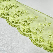 Chartreuse Yellow Green Embroidered Tulle Trim- 3.25” Wide- Scalloped Edge (3801)