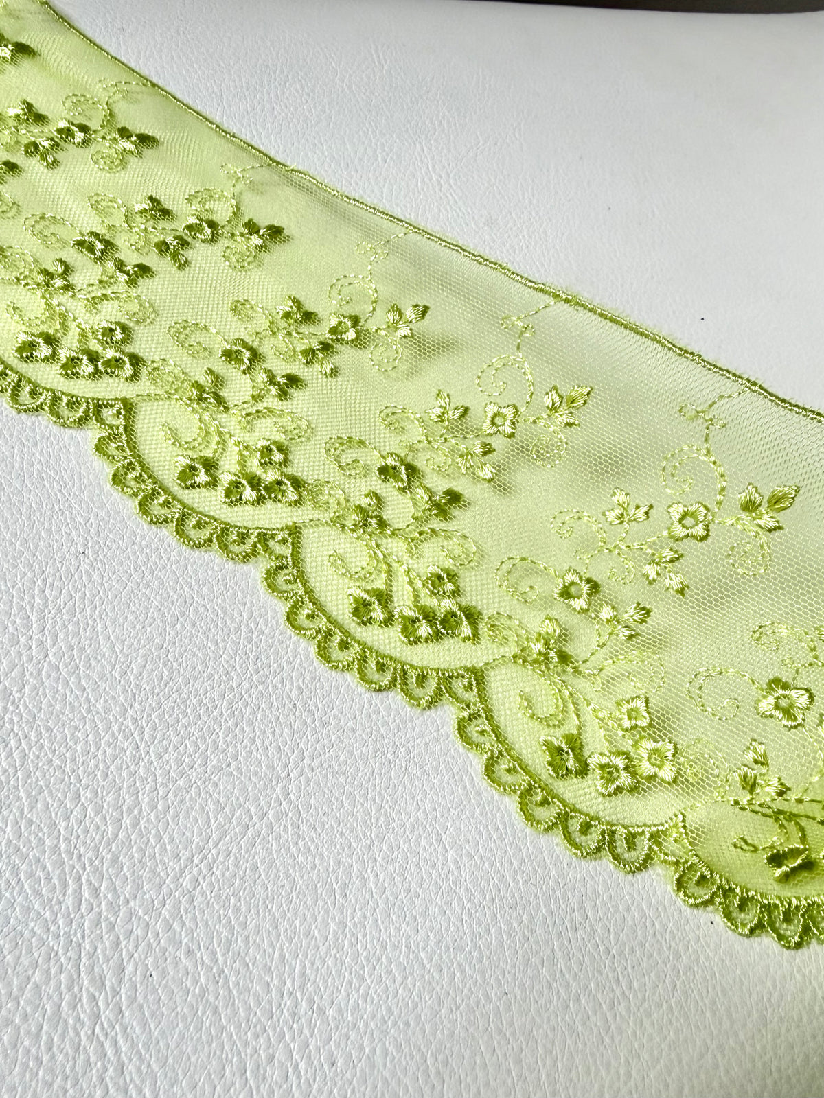 Chartreuse Yellow Green Embroidered Tulle Trim- 3.25” Wide- Scalloped Edge (3801)