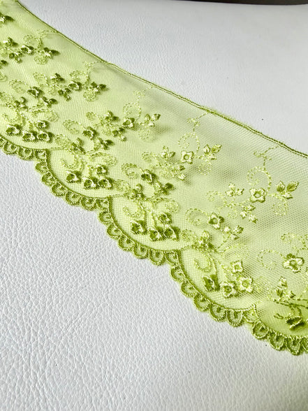 Chartreuse Yellow Green Embroidered Tulle Trim- 3.25” Wide- Scalloped Edge (3801)