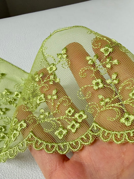 Chartreuse Yellow Green Embroidered Tulle Trim- 3.25” Wide- Scalloped Edge (3801)