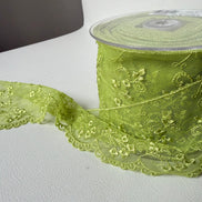 Chartreuse Yellow Green Embroidered Tulle Trim- 3.25” Wide- Scalloped Edge (3801)