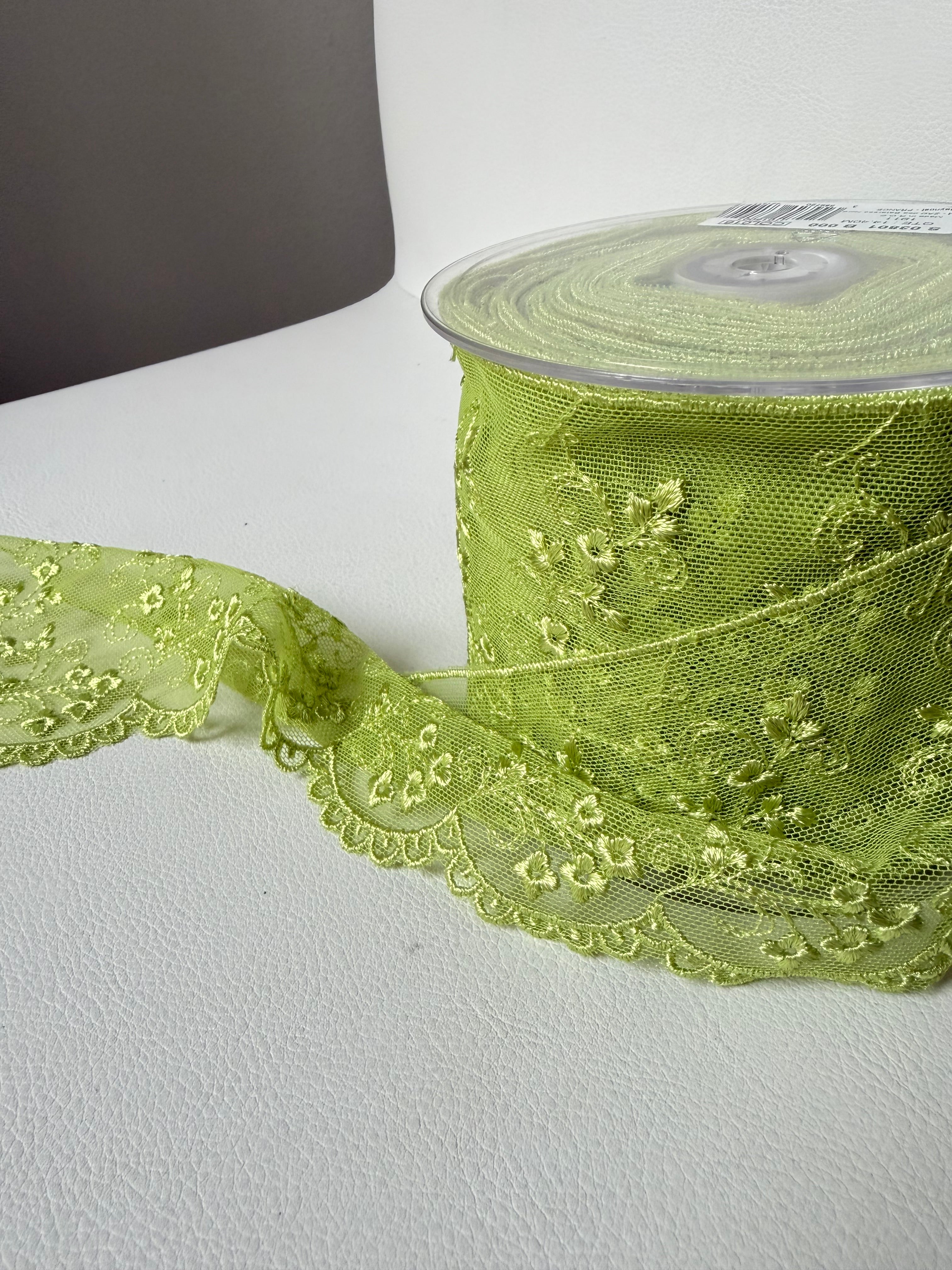 Chartreuse Yellow Green Embroidered Tulle Trim- 3.25” Wide- Scalloped Edge (3801)