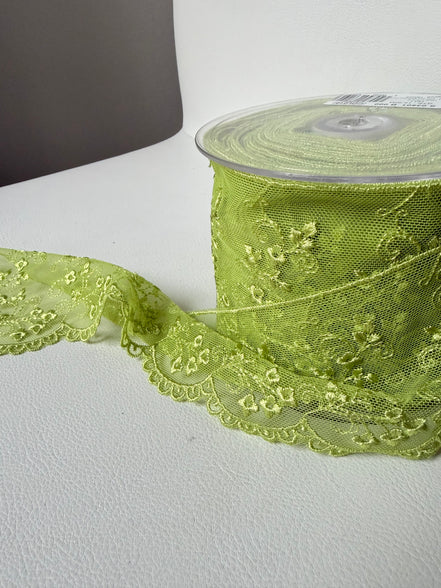 Chartreuse Yellow Green Embroidered Tulle Trim- 3.25” Wide- Scalloped Edge (3801)