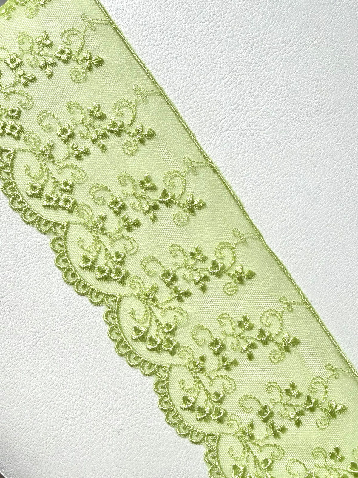 Chartreuse Yellow Green Embroidered Tulle Trim- 3.25” Wide- Scalloped Edge (3801)
