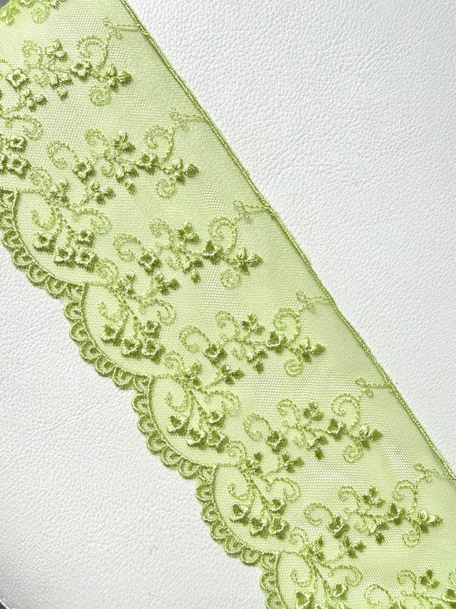 Chartreuse Yellow Green Embroidered Tulle Trim- 3.25” Wide- Scalloped Edge (3801)