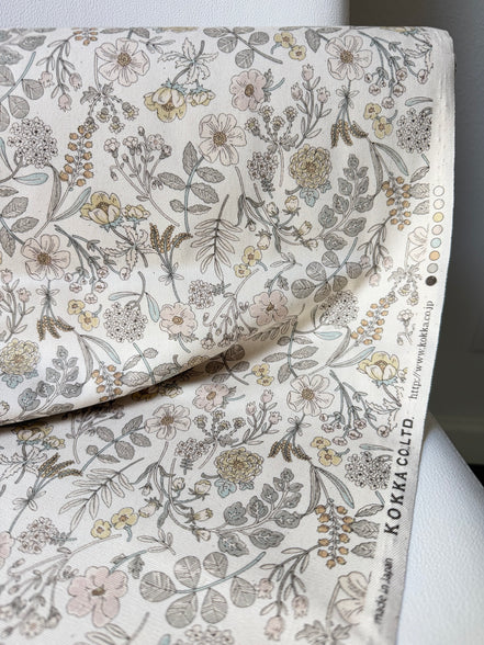 Kokka "Smokey - Botanical” Pale Yellow Floral on Cream- Cotton Oxford (Medium Weight)- 43” Wide