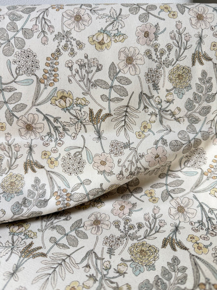 Kokka "Smokey - Botanical” Pale Yellow Floral on Cream- Cotton Oxford (Medium Weight)- 43” Wide